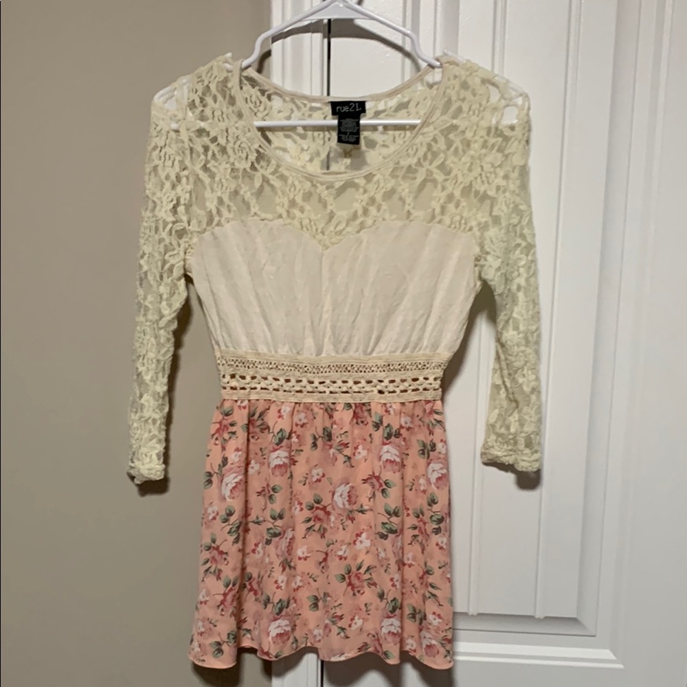 Lace Floral Dress with Cream and Pink Accents